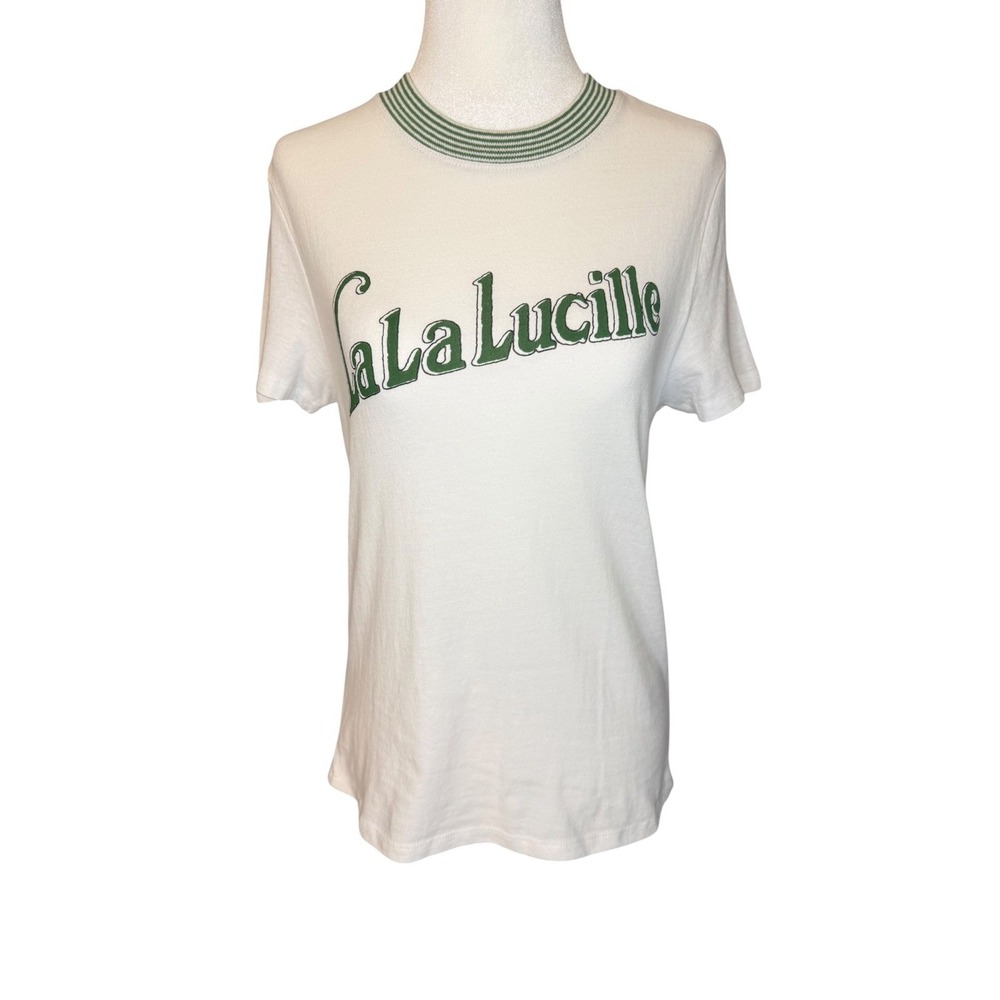 Madewell La La Lucille Graphic T-Shirt White Green Striped Ringer Neck Small NEW - Picture 2 of 8